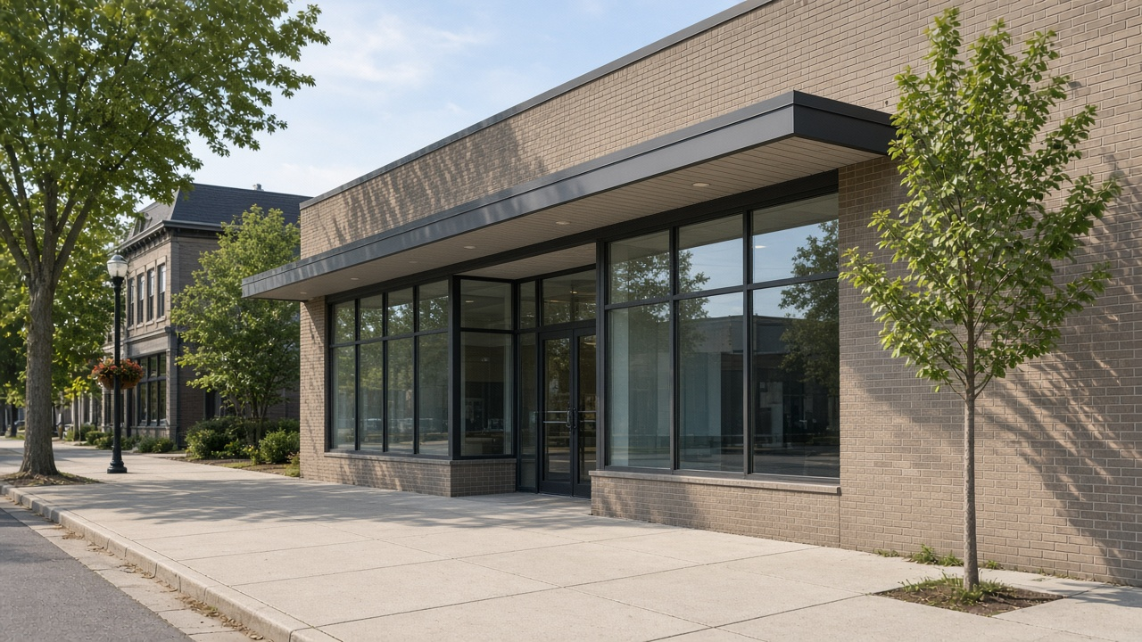 Daylight view of a brick storefront with large windows and a sidewalk