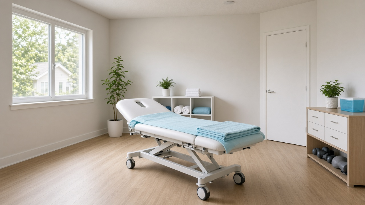 Empty treatment table with a light blue cover in a bright room