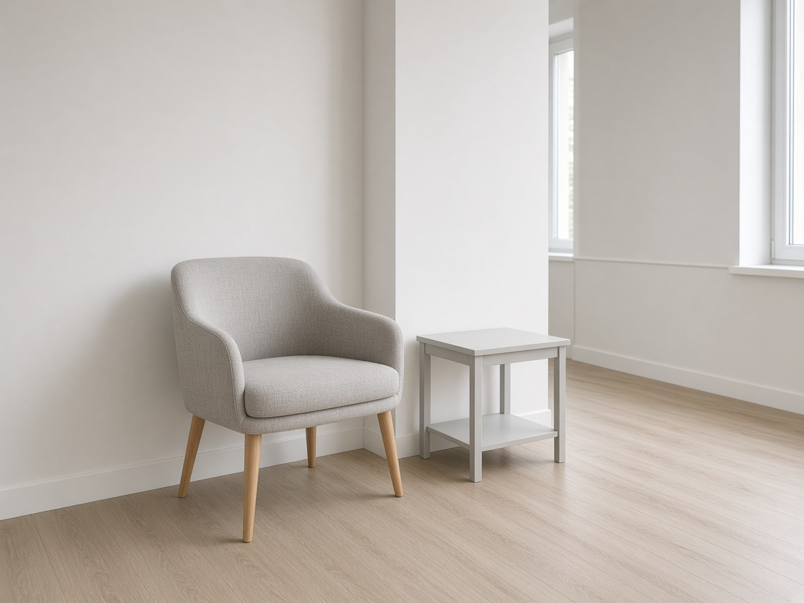 Empty chair and side table in a quiet hallway